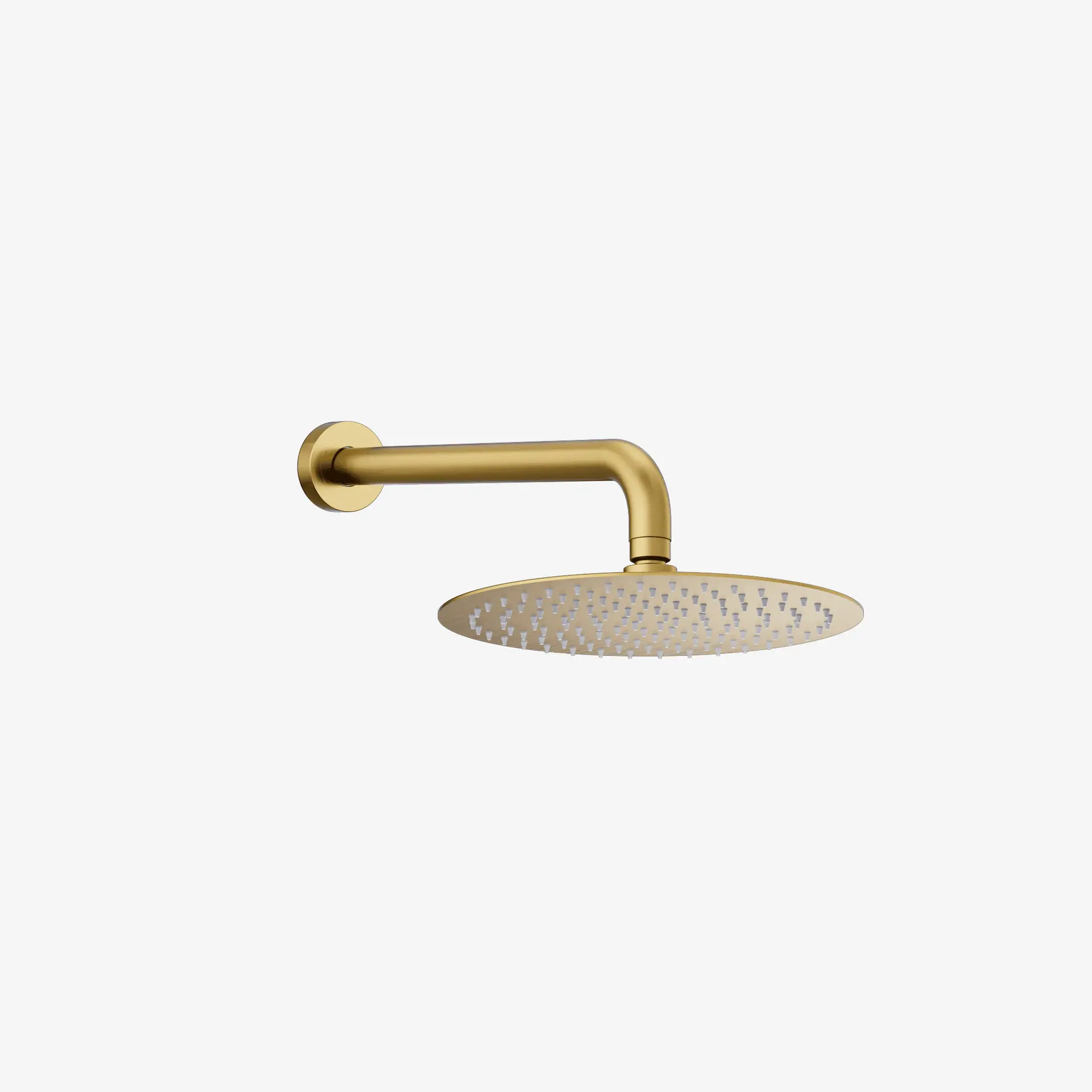 10-inch round ultra-thin brushed gold showerhead with wall-mounted arm