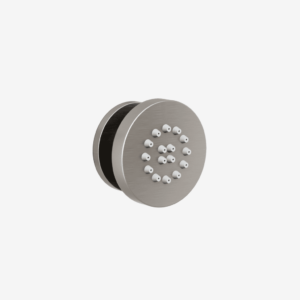 Round swivel body spray in brushed nickel, featuring 16 liquid silicone nozzles and a sleek wall-mounted design