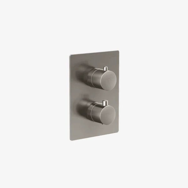 Round thermostatic shower valve trim in brushed nickel with 2-way diverter option, includes cartridge