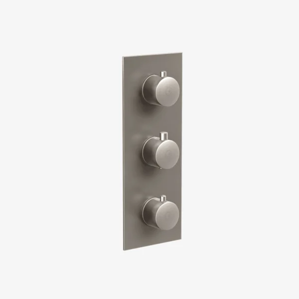 Round thermostatic valve trim in brushed nickel with 2, 3 and 4-way diverter options, includes cartridge