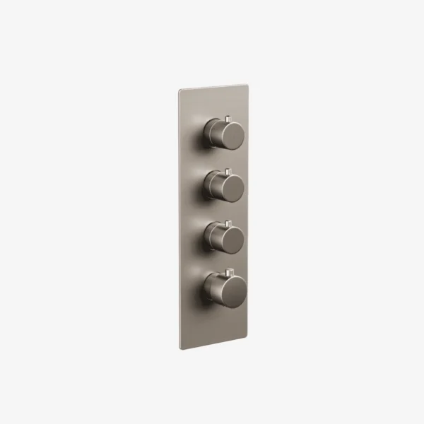 Round thermostatic valve trim in Brushed Nickel with 3, 4, 5 and 6-way diverter options, includes cartridge