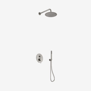 10-inch round ultra-thin showerhead with pressure-balanced valve, trim, and handheld shower in brushed nickel