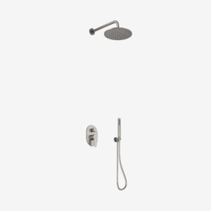 10-inch round thick showerhead with pressure-balanced valve, trim, and handheld shower in brushed nickel