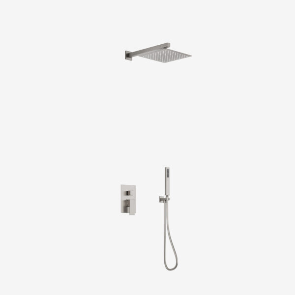 10-inch square ultra-thin showerhead with pressure-balanced valve, trim, and handheld shower in brushed nickel