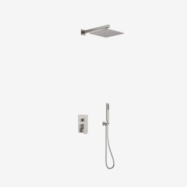 10-inch square thick showerhead with pressure-balanced valve, trim, and handheld shower in brushed nickel