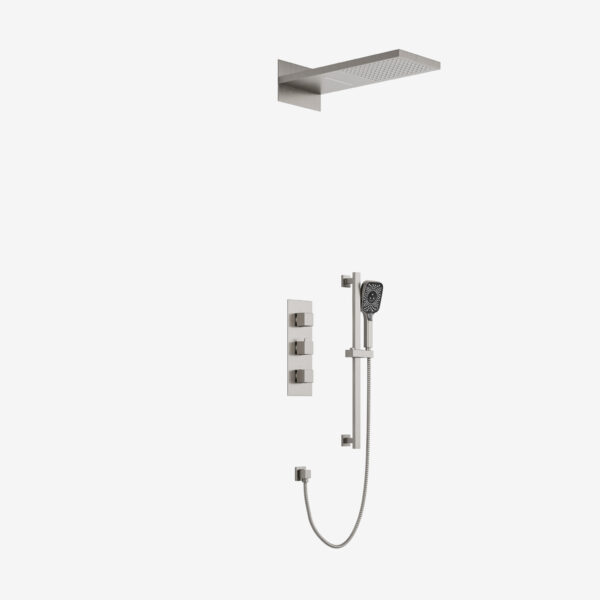 Wall-mounted waterfall rain showerhead with thermostatic valve, trim, and Sliderbar Handheld in brushed nickel