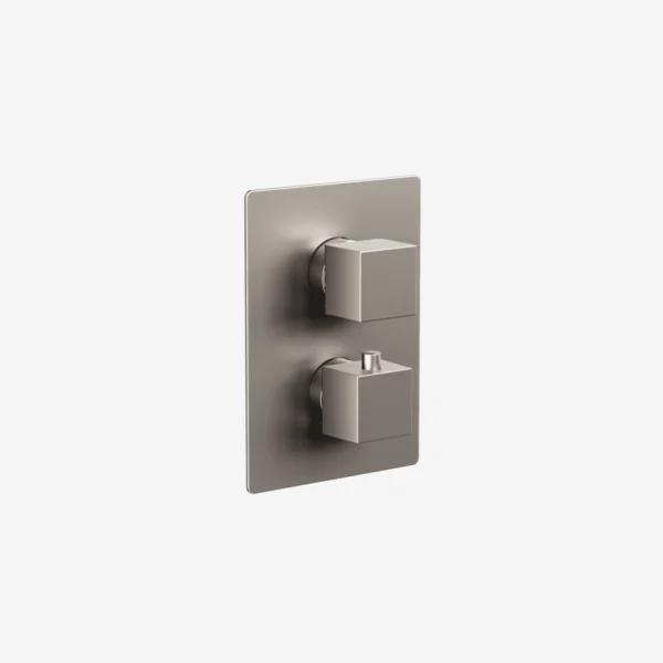 Square thermostatic shower valve trim in brushed nickel with 2-way diverter option, includes cartridge