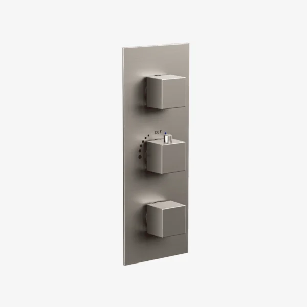 Square thermostatic valve trim in brushed nickel with 2, 3 and 4-way diverter options, includes cartridge