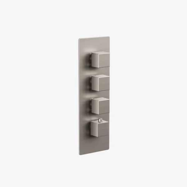 Square thermostatic valve trim in brushed nickel with 3, 4, 5 and 6-way diverter options, includes cartridge