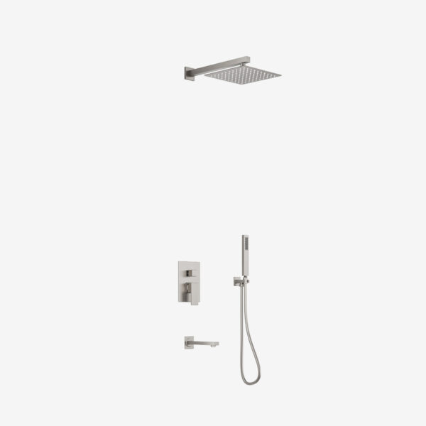 10-inch ultra-thin square showerhead with handheld shower, tub spout, valve, and trim in Brushed Nickel – sleek tub shower faucet set