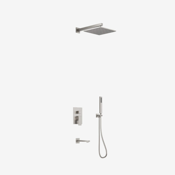 10-inch thick square showerhead with handheld shower, tub spout, valve, and trim in Brushed Nickel – modern tub shower faucet set