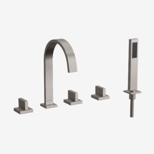 Deck-mount tub faucet with handshower, dual knobs, and knob diverter in Brushed Nickel