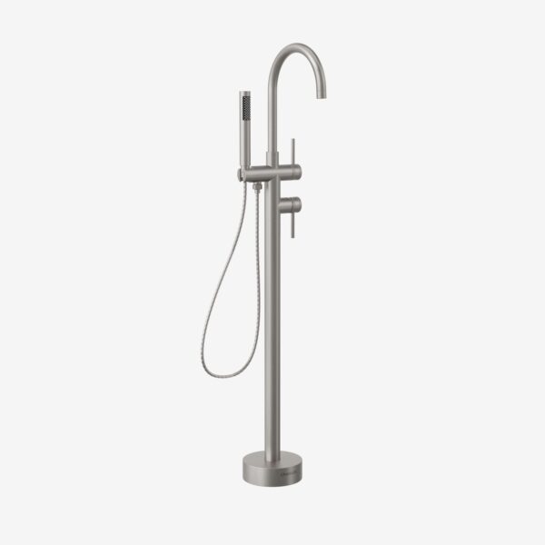 Floor mount tub faucet with handshower in brushed nickel