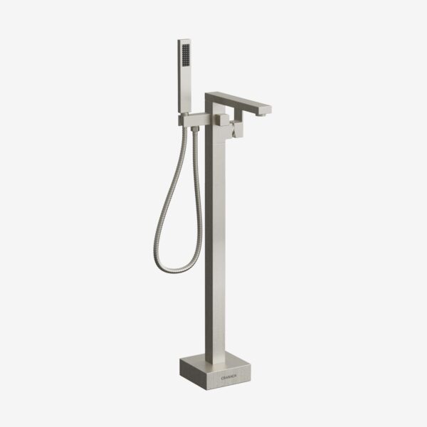 Freestanding tub faucet with handshower in brushed nickel