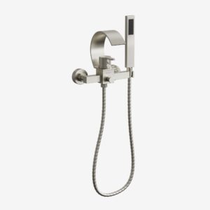 Wall-mount waterfall tub faucet with handshower in brushed nickel