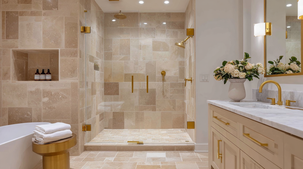 Calm modern bathroom with brushed brass shower in warm dim lighting