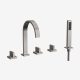 Deck-mount tub faucet with handshower, dual knobs, and knob diverter in Brushed Nickel