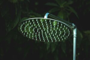 close up of a silver shower head