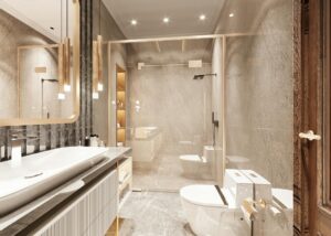 interior of a clean hotel bathroom